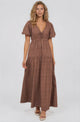 Emirah Maxi Dress - V-Neck Tiered A-Line Dress with Puff Sleeves in Chocolate
