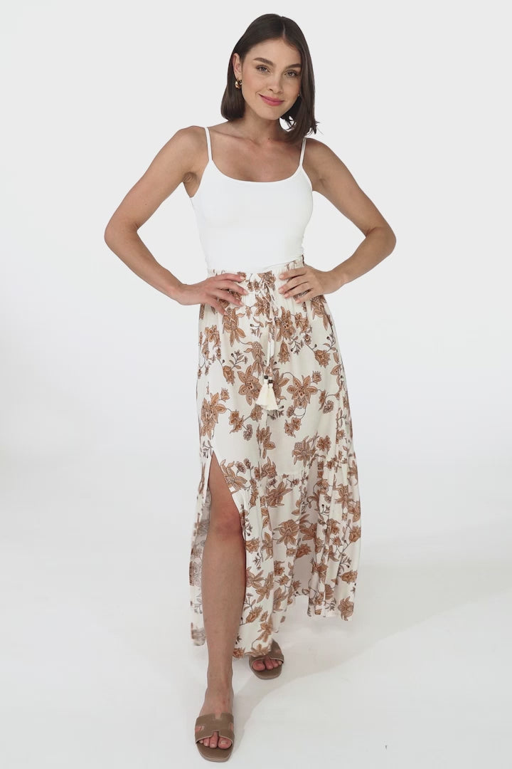 Hellen Maxi Skirt - High Waisted Skirt with Front Splits in Halara Print Cream