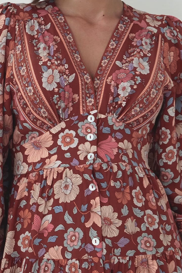 Bello Midi Dress - Button Through Dress with Balloon Sleeves in Anissa Print Rust