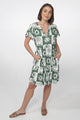 Wilma Mini Dress - Bermuda Collar Button Down Dress with Cap Sleeves in Layah Print Green