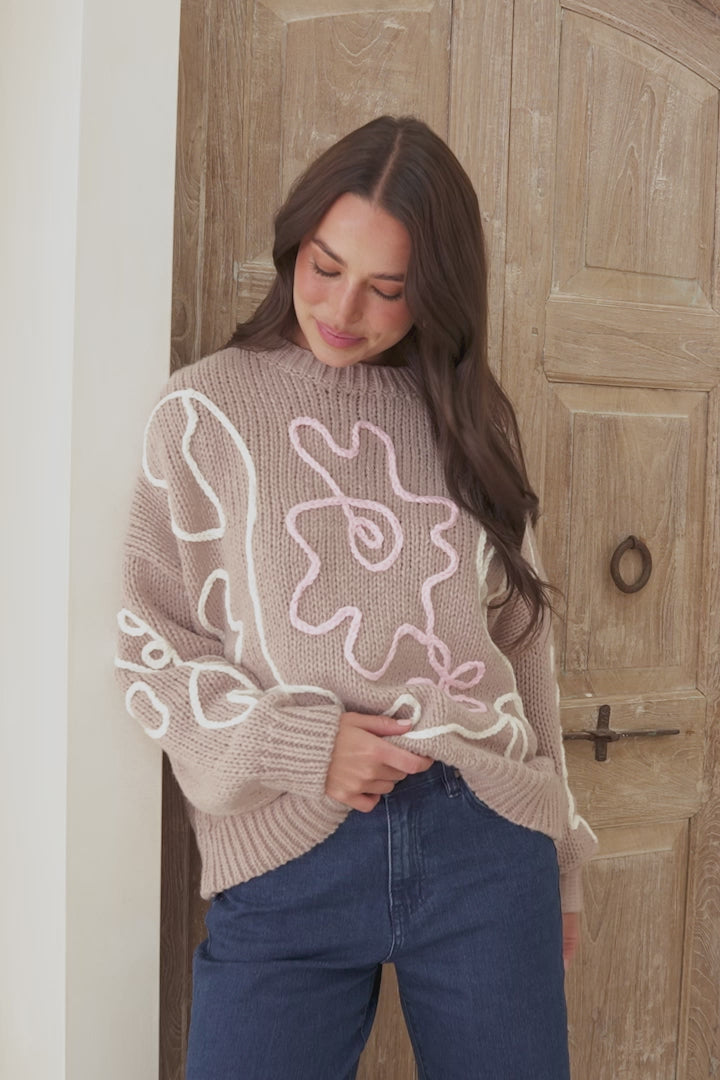 Lulu Jumper - Crew Neck Abstract Floral Motif Knit with Balloon Sleeves in Taupe
