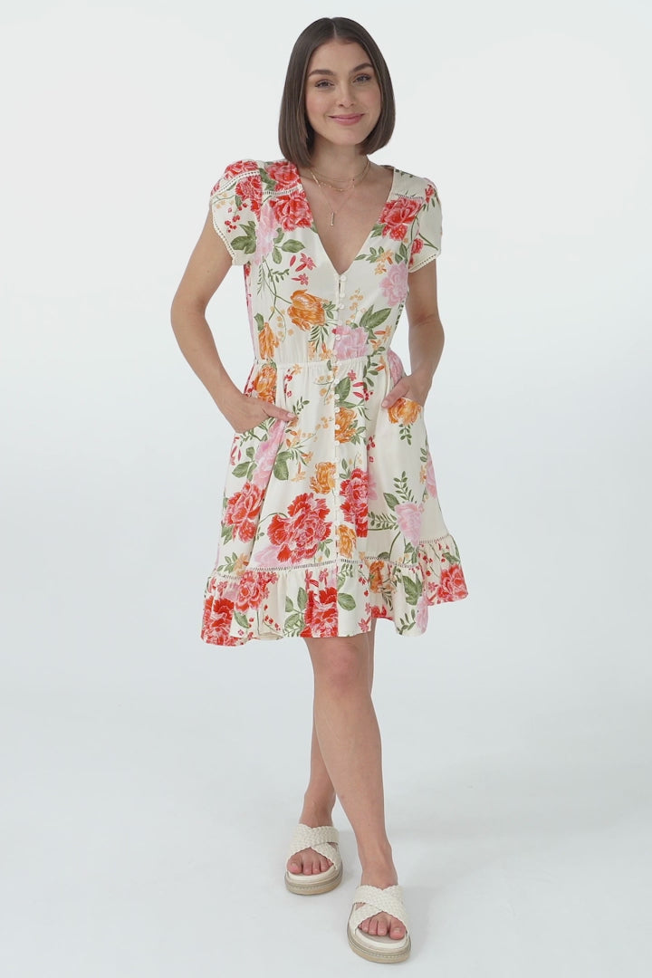 Lizzie Mini Dress - Butterfly Cap Sleeve Button Down Dress with Pockets in Verbena Print