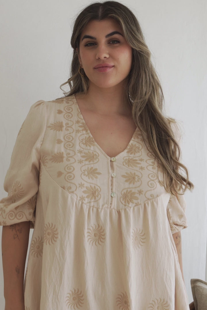 Patty Mini Dress - V-Neck Embroidered Babydoll Dress with 3/4 Sleeves in Solsana Print Beige