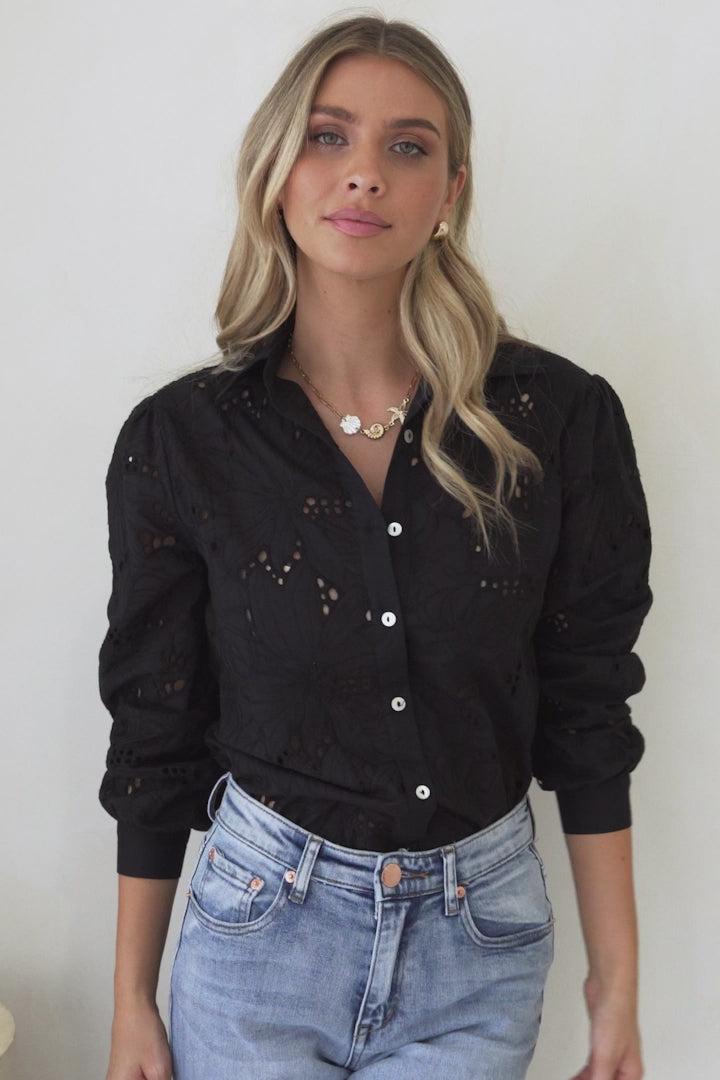Raelynn Shirt - Button Down Hollow Out Embroidered Shirt in Black
