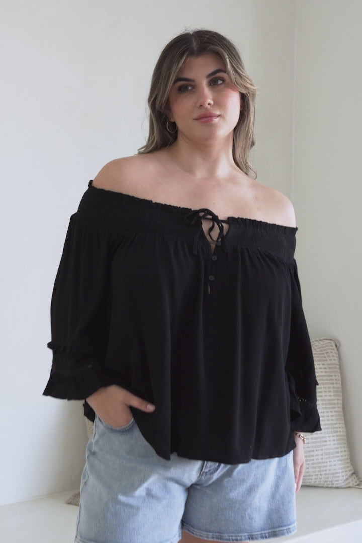Sarah Top - Off Shoulder Ruffled Sleeve Top in Black