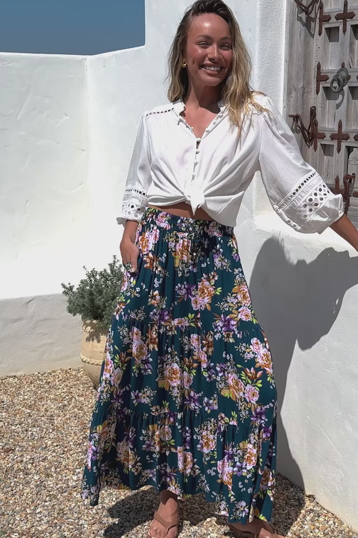 Lucien Maxi Skirt - High Waisted Tiered Skirt in Virginia Print Navy