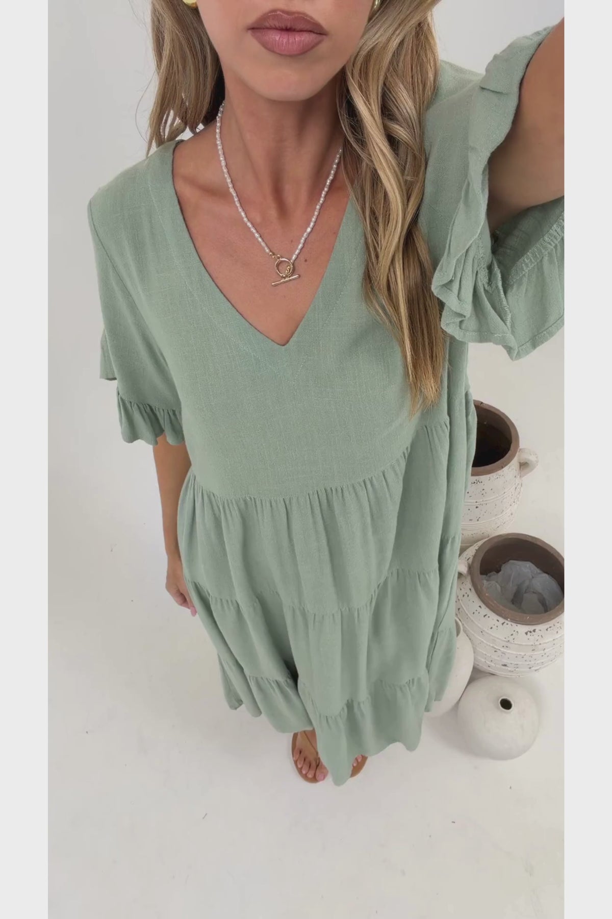 Audrina Midi Dress - Pull Over V Neck Tiered Dress with Pockets in Sage