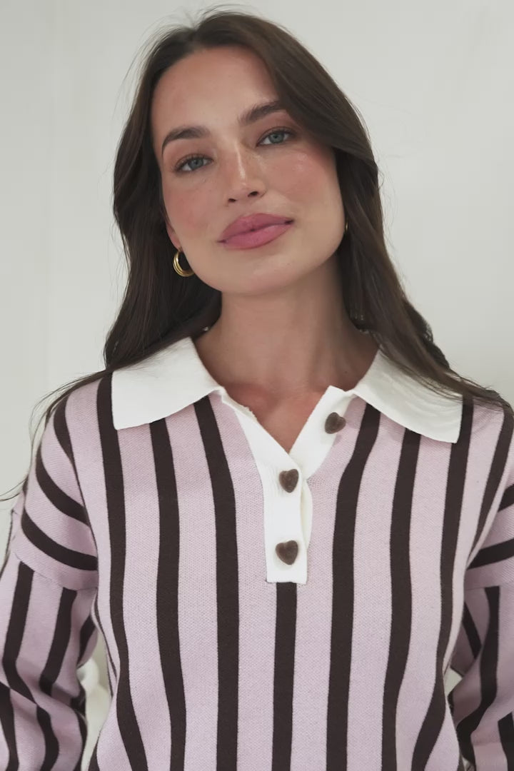 Bishop Jumper - Wing Collar Heart Button Detail Stripe Jersey Knit in Pink/Chocolate
