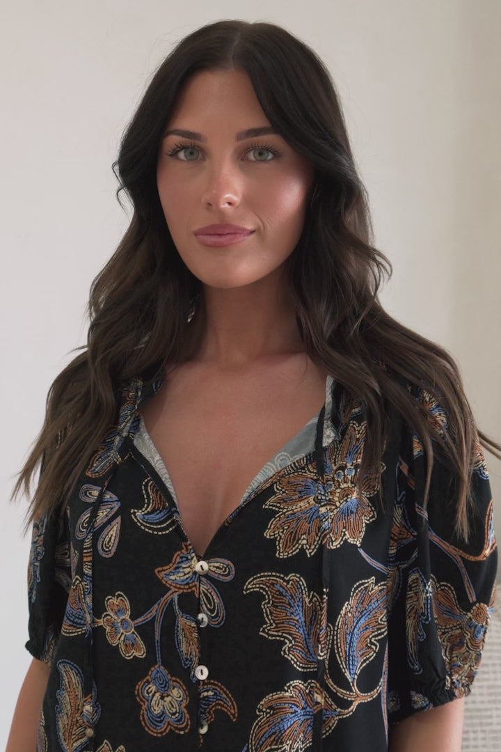 Neo Blouse - High Frill Collar Button Down Shirt in Enchanted Ink Print