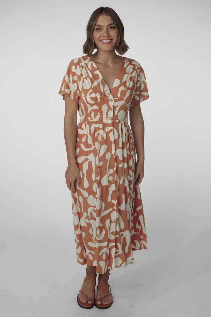 Anais Midi Dress - Cap Flutter Sleeve Button Down A Line Dress in Jaxie Print Rust