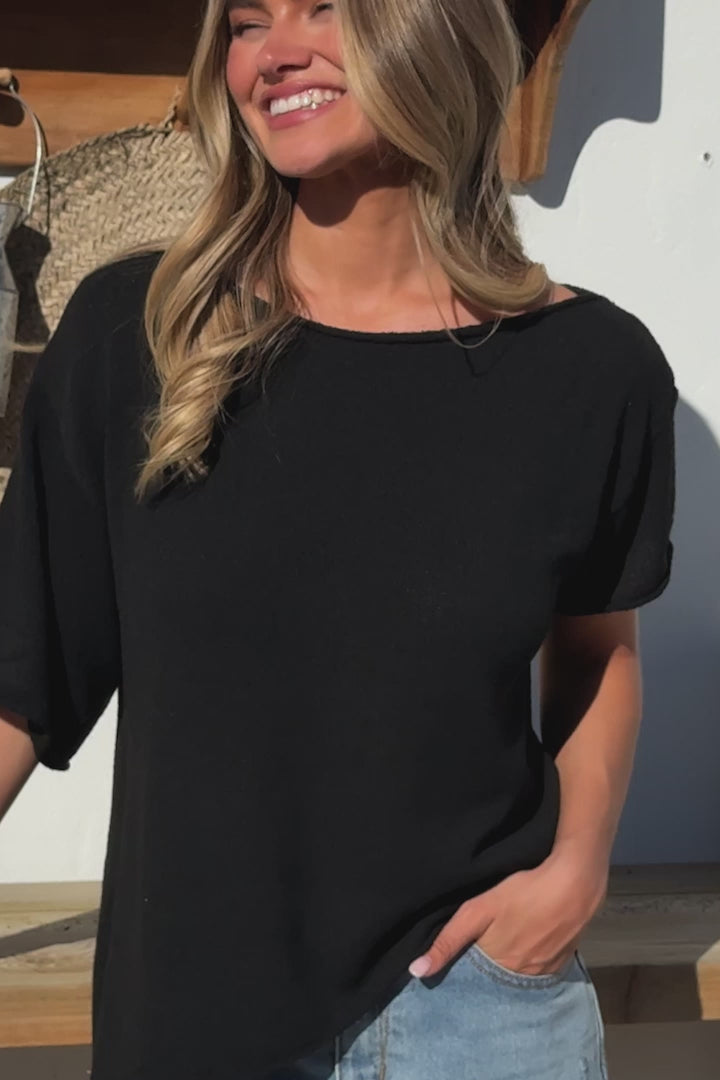 Lysandra Knit Top - Slouchy Asymmetrical Neckline Top in Black