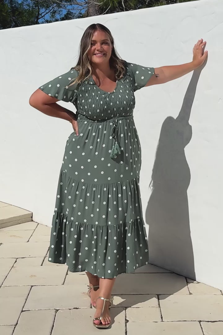 Amaya Midi Dress - Shirred Cap Sleeve A Line Dress in Parisian Polka Khaki