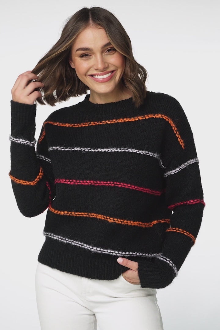 Fletcher Knit Jumper - Crew Neck Multi Colour Stripe Knit in Black