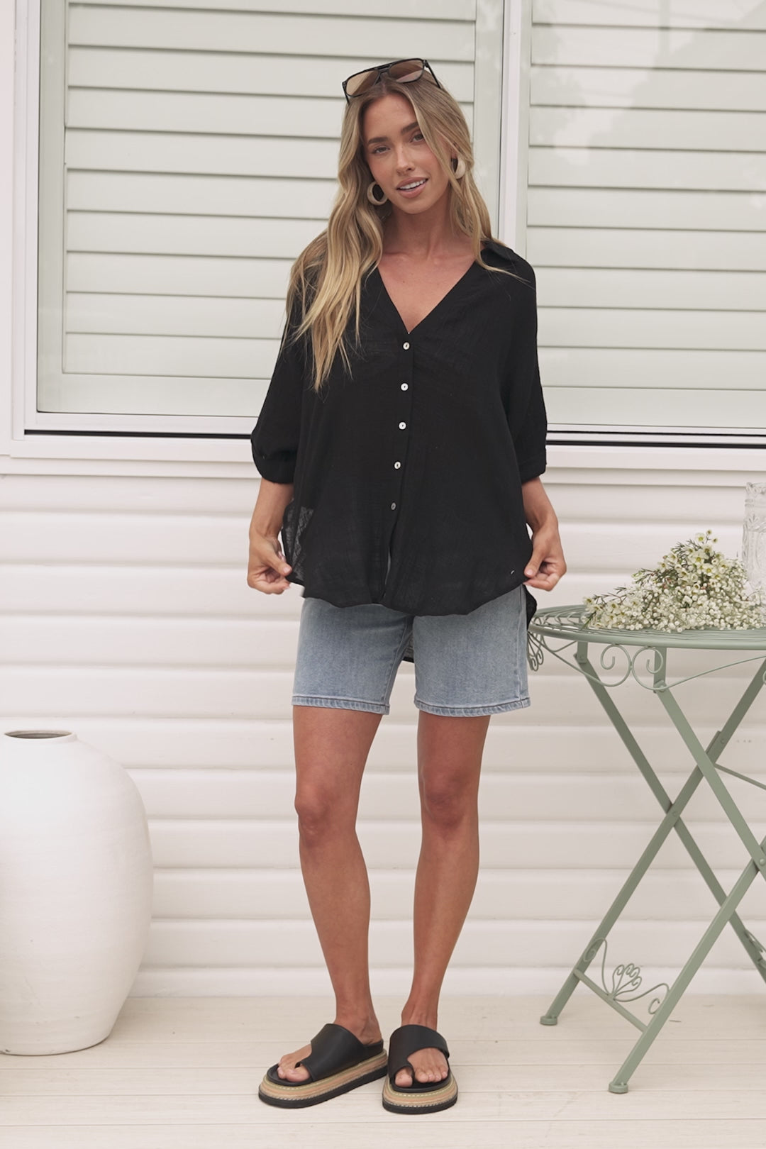 Shelly Shirt - Linen Collared Button Down Shirt in Black