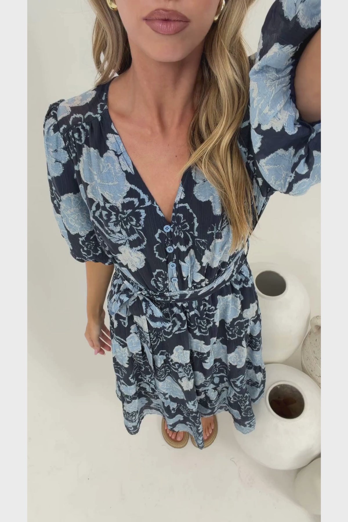 Kellee Midi Dress - V-Neckline Tiered Dress with Balloon Sleeves in Moorea Print