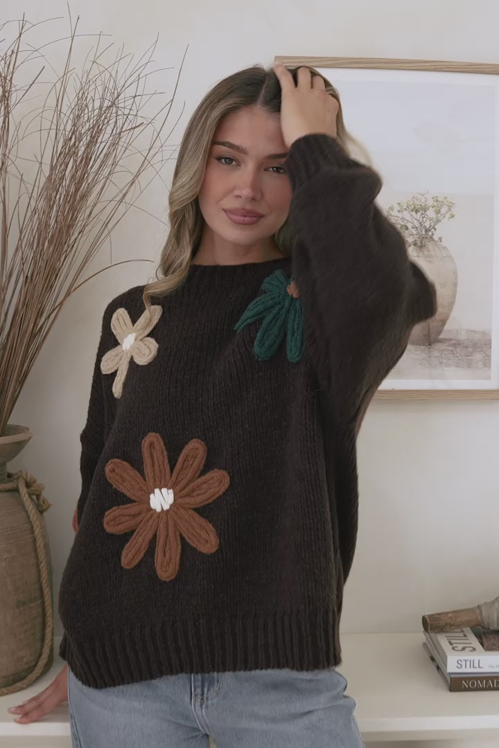 Wildflower Jumper - Chunky Knit Jumper with Flower Decals in Chocolate Multi