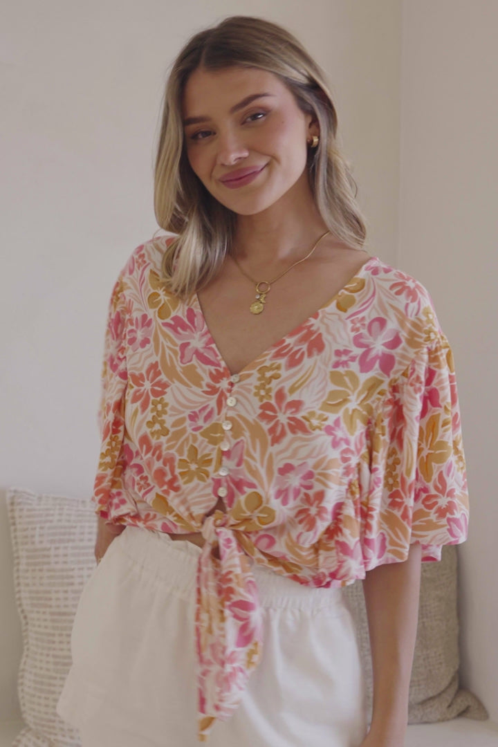 Aideen Top - Flutter Sleeve Tie Up Front Top in Celine Print