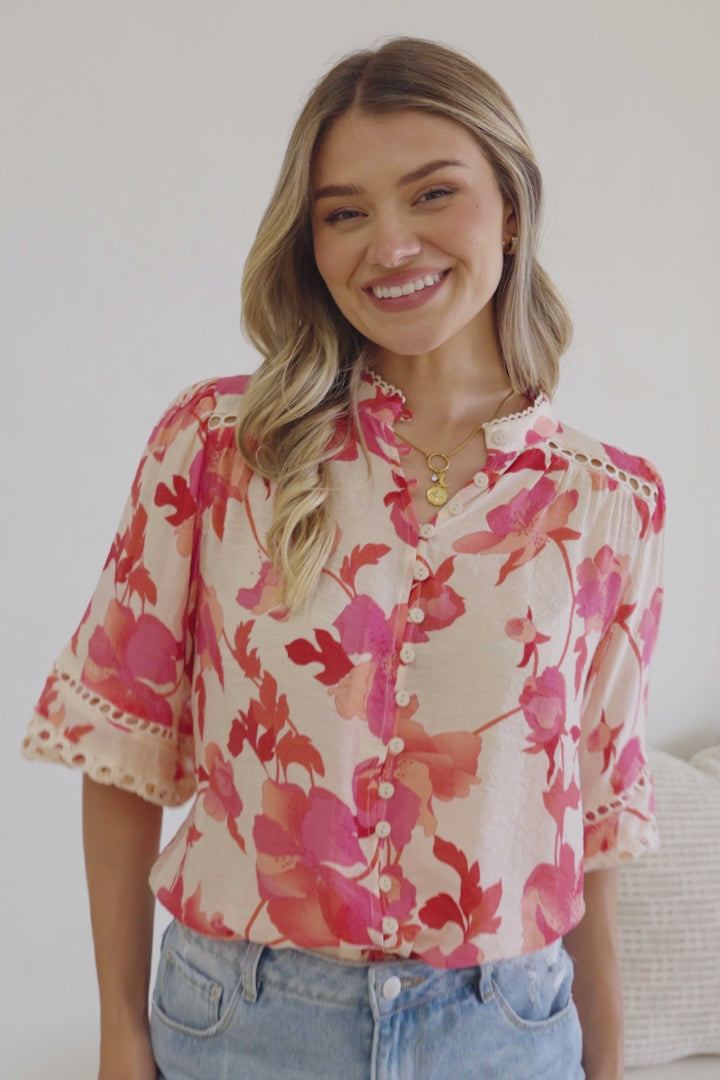 Alyce Shirt  - Mandarin Collar Cut Out Detailed Sleeve Button Down in Larissa Print