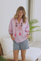Margerie Top - Floral Embroidered Top with 3/4 Sleeves in Lilac