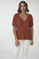 Madi T-Shirt - V Neck Short Sleeve Stretchy Tee in Rust