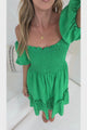Virdia Mini Dress - On or Off Shoulder Puff Sleeve A Line Dress with Pockets in Green