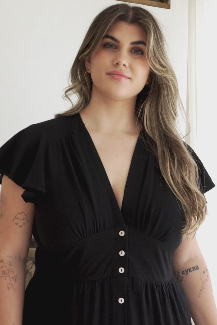Amy Midi Dress - Flutter Cap Sleeve Buttoned Down V Neck Dress in Black