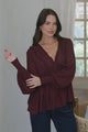 Coral Top - Frill Neckline Empire Bustline Textured Top with Long Balloon Sleeves in Wine