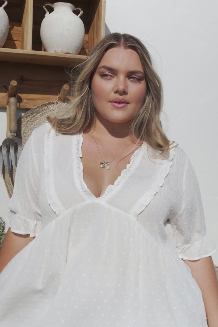Catha Top - Frill Neckline Empire Bustline Top with Short Balloon Sleeves in White
