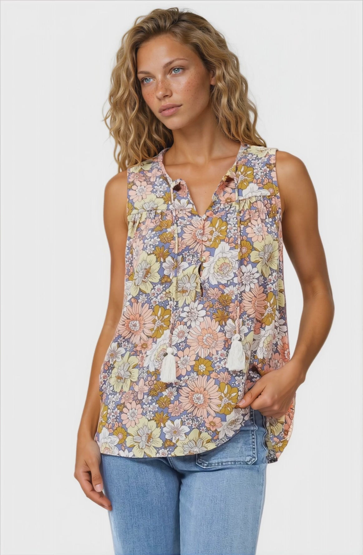 Kalari Top - Sleeveless Mandarin Collar with Tassel & Bells Neck Tie in Avianna Print