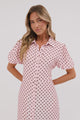 Eileen Midi Dress - Collared Shirt Dress with Multiway Waist Tie and Puff Sleeves in Renna Spot Pink