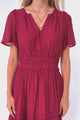 Payton Mini Dress - Pleat Detailed A-Line Dress with Cap Flutter Sleeves in Cherry Red