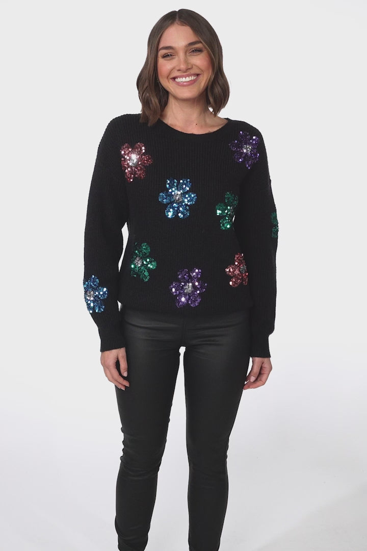 Ariana Jumper - Sequin Flower Decal Crew Neck Jumper in Black