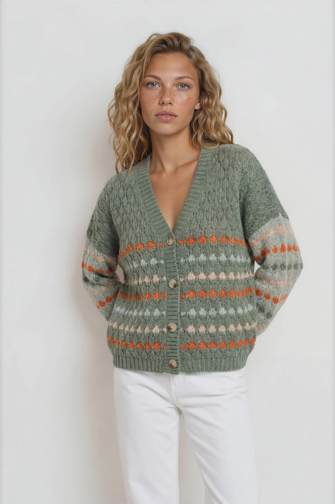 Lyla Cardigan - V Neck Button Front Bubble Knit with Contrast Stripes in Green