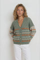 Lyla Cardigan - V Neck Button Front Bubble Knit with Contrast Stripes in Green
