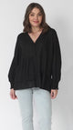 Nell Linen Top - A-Symmetric Detailed Button Down Shirt in Black