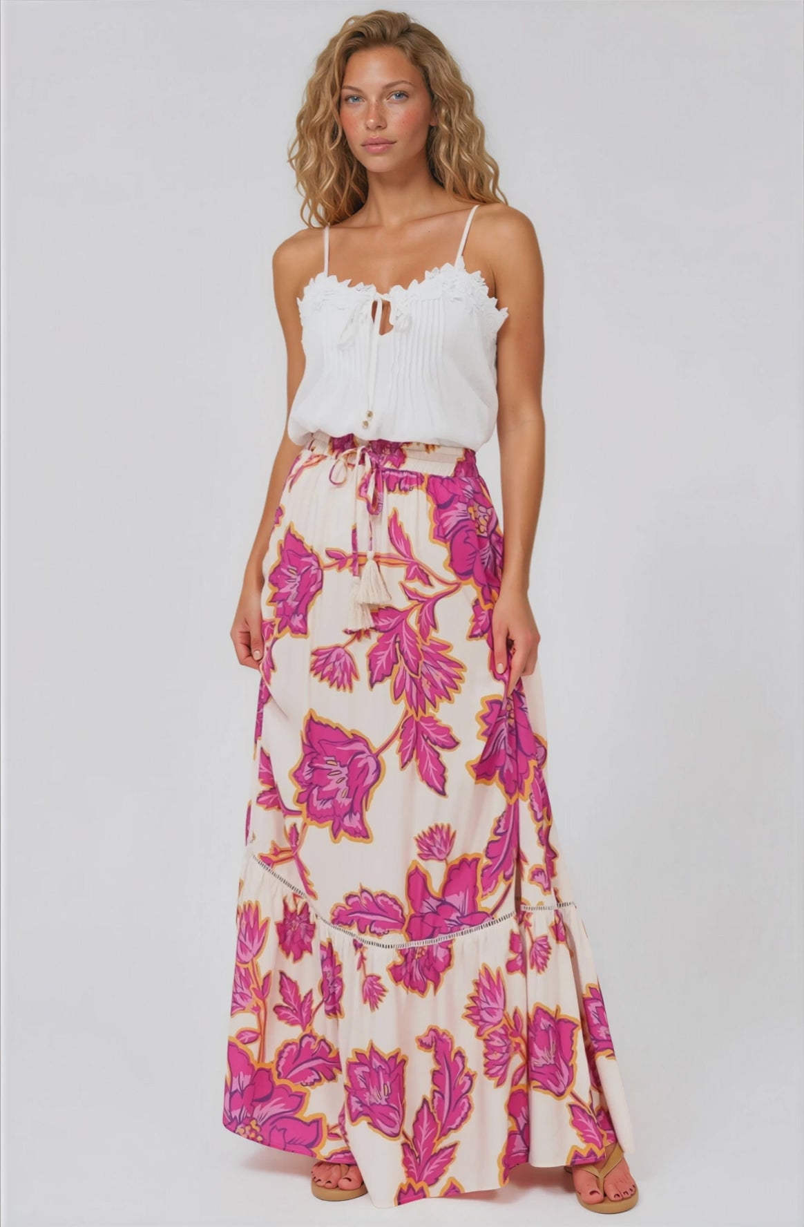 Amana Maxi Skirt - Tiered Skirt with Ladder Lace Insert Splicing in Kalia Print Cream