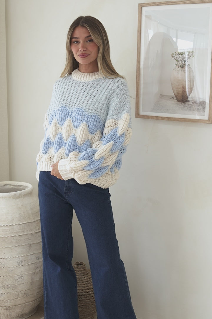 Eleanora Jumper - Crew Neck Bubble Sleeve Stripe Knit Jumper in Blue