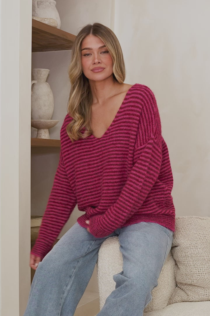 Elena Jumper - V Neck Boxy Batwing Sleeve Knit in Fuchsia
