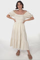 Audrey Midi Dress - On or Off Shoulder Shirred Bodice Linen Dress in Oat