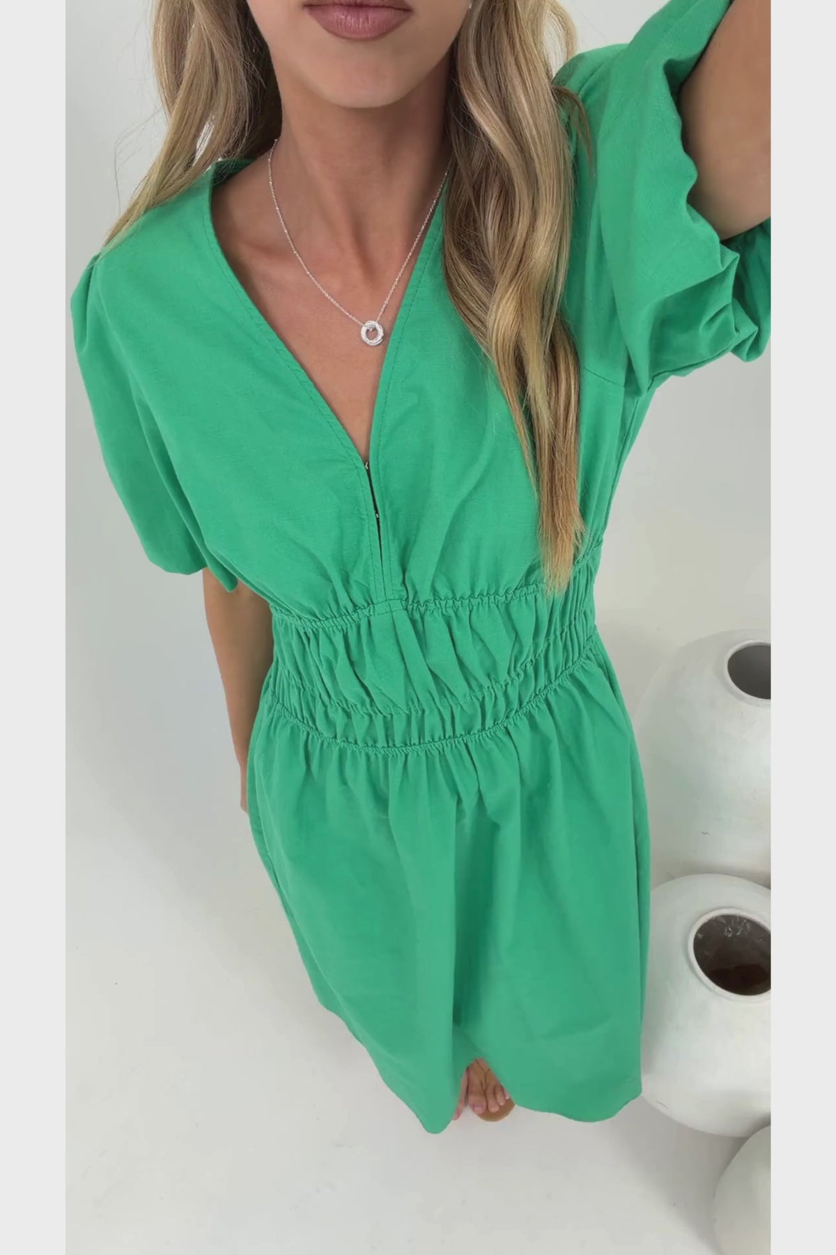 Niorelle Midi Dress - V Neck Tiered A Line Dress with Puff Sleeves in Green