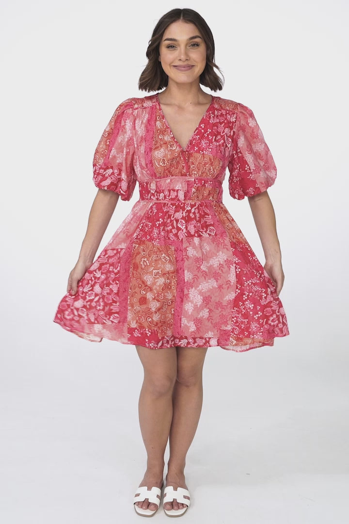 Ester Mini Dress - Cross Front Neckline Gathered Waist A Line Dress in Ita Print Pink