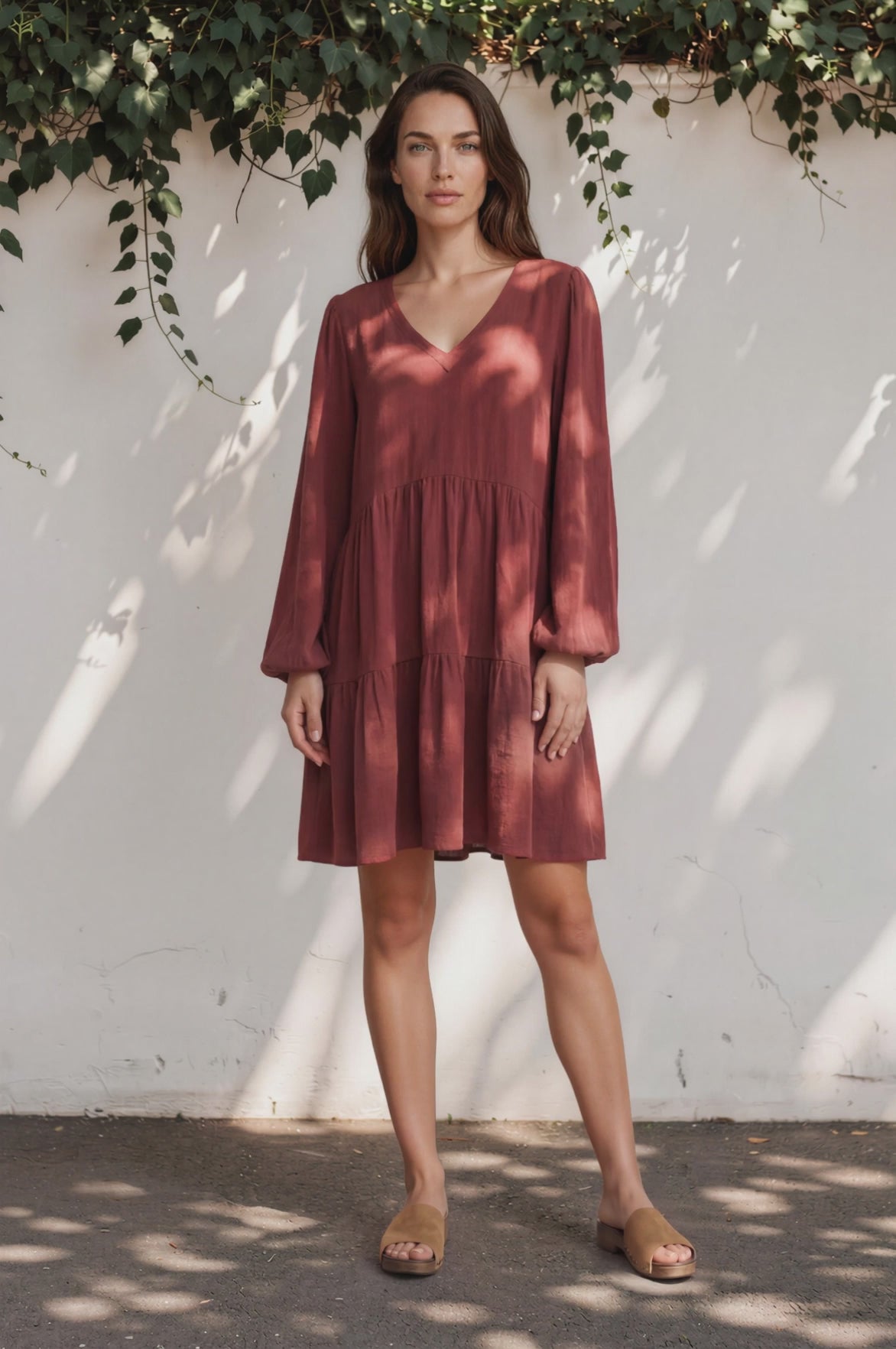 Leah Mini Dress - Soft V Neck Tiered Dress with Long Balloon Sleeves and Pockets in Rust