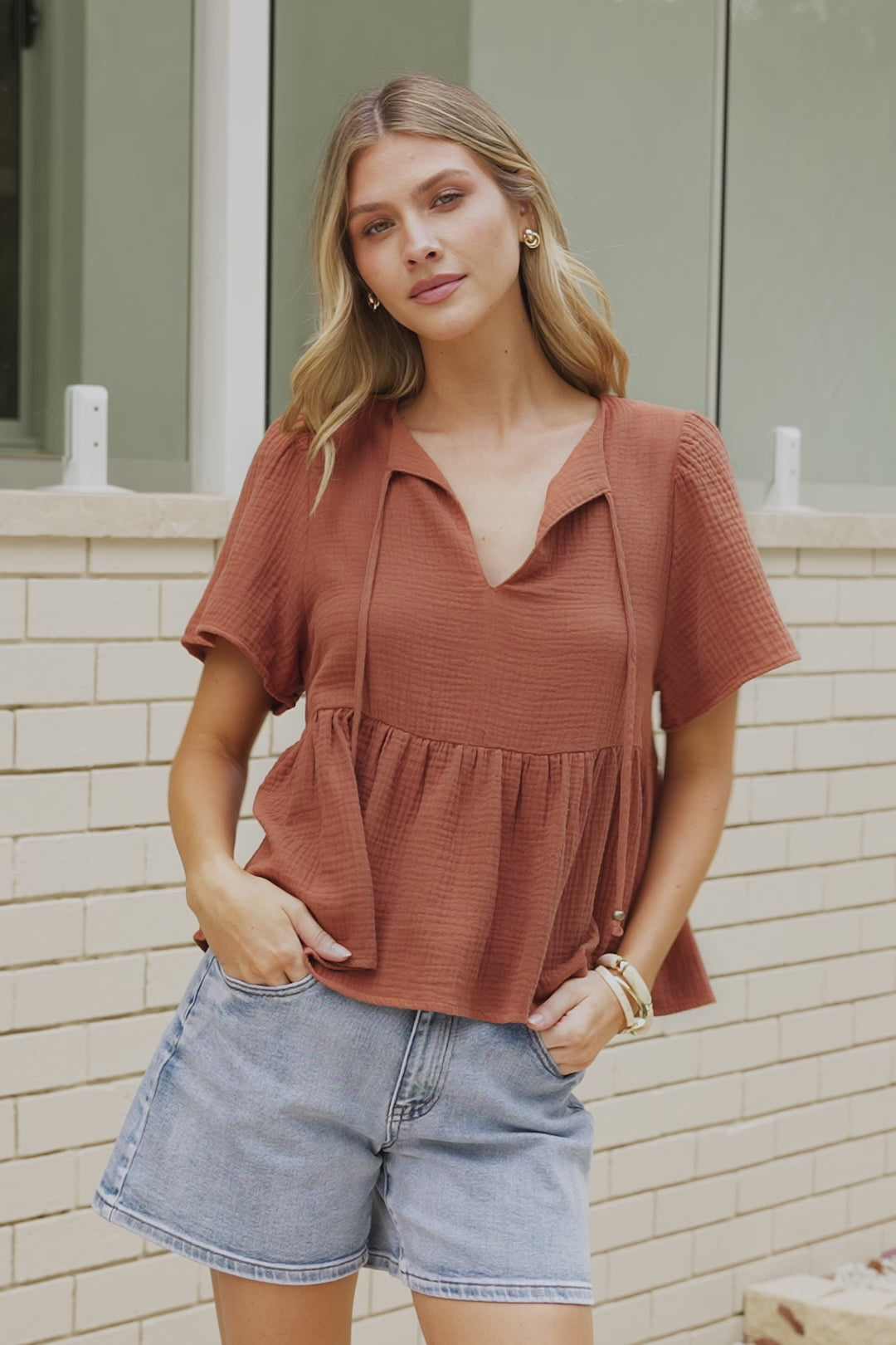Bellina Top - Split Tie Neckline Babydoll Top with Short Sleeves in Clay