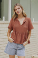 Bellina Top - Split Tie Neckline Babydoll Top with Short Sleeves in Clay