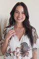 Maia Top - V-Neck with Neck Tassel Tie and Short Sleeve Button Down in Shanina Print White