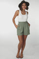 Reggie Shorts - Paperbag Elasticated High Waist Shorts with Pockets in Khaki