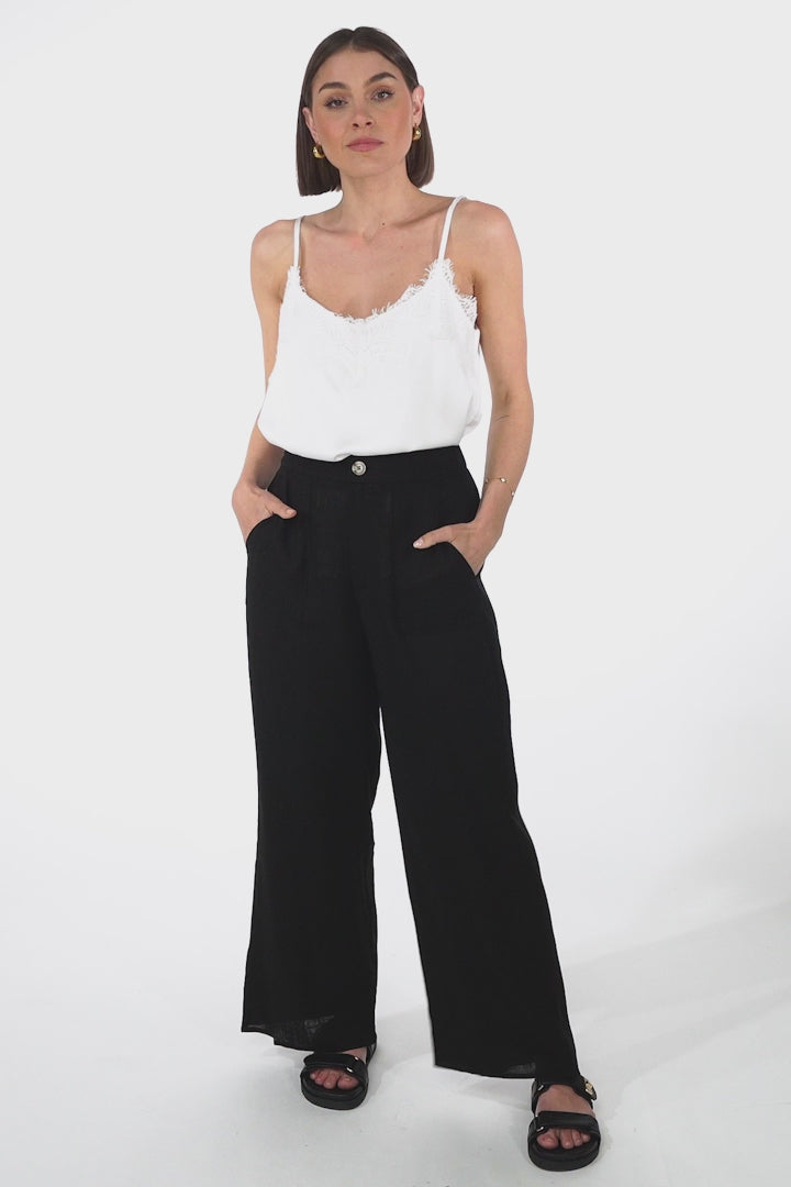 Devira Linen Pants - High Waisted Wide Leg Pant in Black