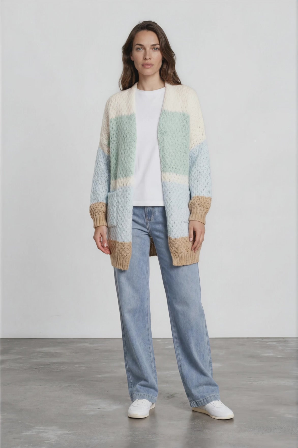 Hana Cardigan - Open Lattice Knit with Pockets and Balloon Sleeves in White/Green Multi