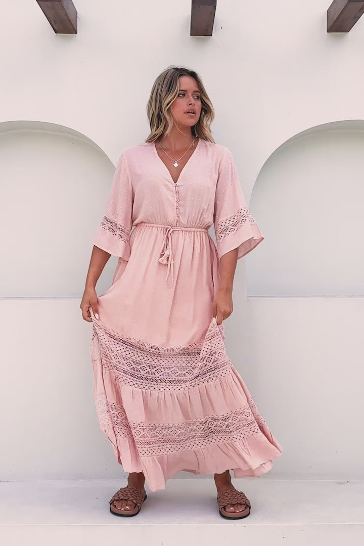 Kaely Maxi Dress - Delicate Lace Panel Detailed A Line Dress in Pink