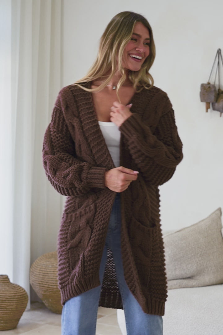 Beckett Cardigan - Open Front Chunky Cable Knit with Pockets in Chocolate